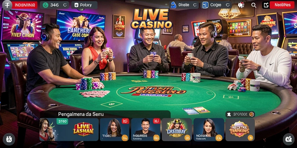 Screenshot gameplay Live Casino yang menampilkan dealer dan meja permainan.