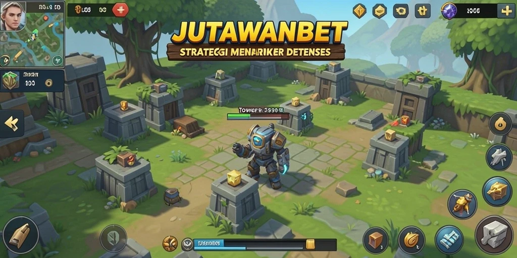 Tampilan gameplay JUTAWANBET dengan tower dan musuh yang mendebarkan.