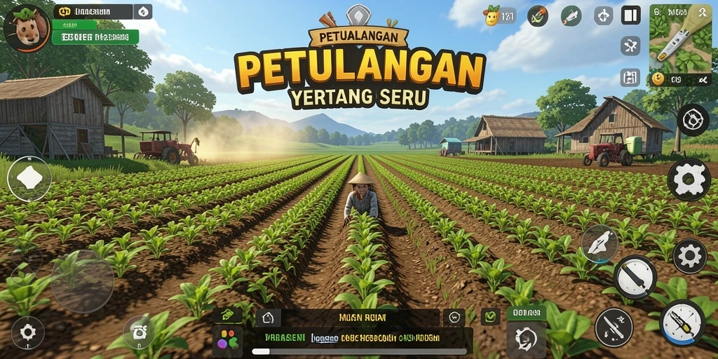 Screenshot gameplay V21 menunjukkan petani merawat tanaman dan hewan.